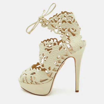Pre-owned Charlotte Olympia Belinda Laser Cut Size 35 Cream Suede Peep Toe Platform Sandals In White