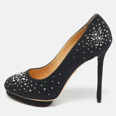 Pre-owned Charlotte Olympia Black Canvas Crystal Embellished Dotty Platform Pumps Size 41