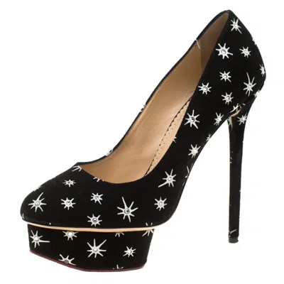 Charlotte Olympia Black Crystal Embellished Printed Suede Joise Platform Pumps