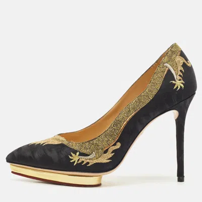 Pre-owned Charlotte Olympia Black Fabric Debbie Dragon Pointed Toe Platform Pumps Size 41