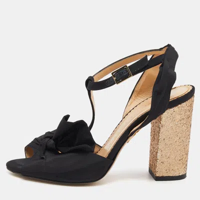 Pre-owned Charlotte Olympia Black Fabric Glitter Block Heel T Strap Sandals Size 37