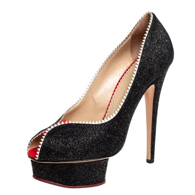 Pre-owned Charlotte Olympia Black Glitter And Patent Leather Scalloped Trim Peep Toe Platform Pumps Size 37.5