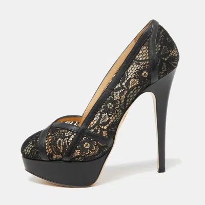 Pre-owned Charlotte Olympia Black Leather And Lace Platform Pumps Size 38.5