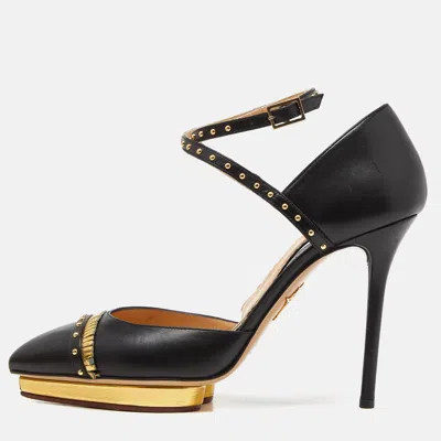 Pre-owned Charlotte Olympia Black Leather Studded Pointed Toe Ankle Strap Pumps Size 39