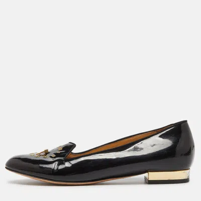 Charlotte Olympia Black Patent Leather Fashionably Late Clock Face Smoking Slippers In Animal Print