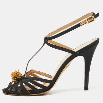 Charlotte Olympia Black Satin Flower Detail Ankle Strap Sandals