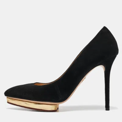 Pre-owned Charlotte Olympia Black Suede Debbie Platform Pumps Size 38