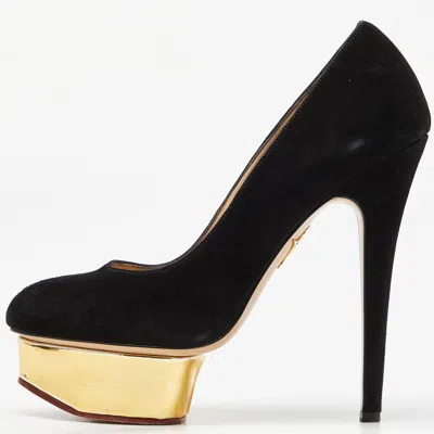 Pre-owned Charlotte Olympia Black Suede Dolly Platform Pumps Size 37.5
