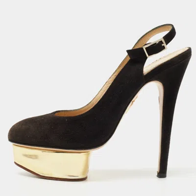 Charlotte Olympia Black Suede Dolly Platform Slingback Pumps