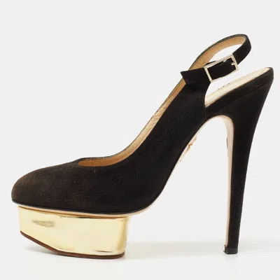 Pre-owned Charlotte Olympia Black Suede Dolly Platform Slingback Pumps Size 37.5