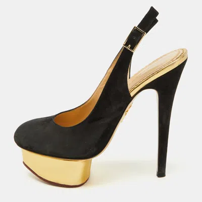 Pre-owned Charlotte Olympia Black Suede Dolly Slingback Platform Pumps Size 36.5