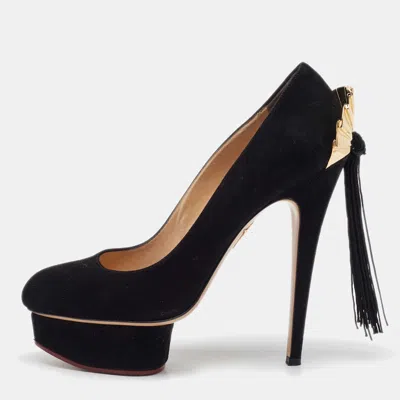 Pre-owned Charlotte Olympia Black Suede Dolly Tassel Detail Platform Pumps Size 39