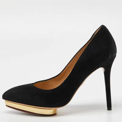 Charlotte Olympia Black Suede Dotty Platform Pumps