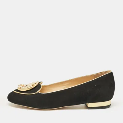 Pre-owned Charlotte Olympia Black Suede Eclipse Ballet Flats Size 35