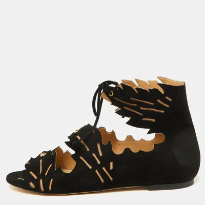 Pre-owned Charlotte Olympia Black Suede Eve Leaf Flat Sandals Size 39