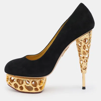 Charlotte Olympia Black Suede Gold Sculptured Heel Objets D'art Platform Pumps