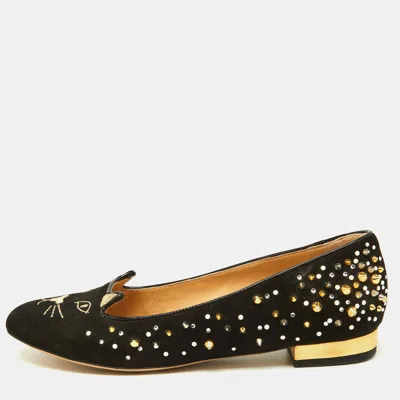 Pre-owned Charlotte Olympia Black Suede Kitty Spikes Ballet Flats Size 37.5