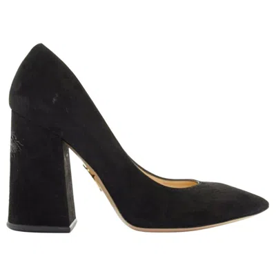 Pre-owned Charlotte Olympia Black Suede Point Toe Spider Embroidered Chunky High Heel Eu35