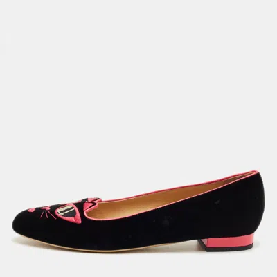 Pre-owned Charlotte Olympia Black/pink Velvet Kitty Ballet Flats Size 40