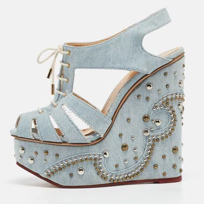 Pre-owned Charlotte Olympia Blue Denim Studded Cut Out Wedge Platform Sandals Size 37