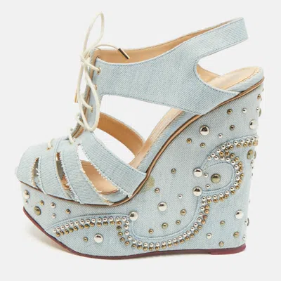 Pre-owned Charlotte Olympia Blue Denim Studded Cut Out Wedge Platform Sandals Size 38