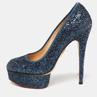 Charlotte Olympia Blue Glitter And Fabric Priscilla Platform Pumps