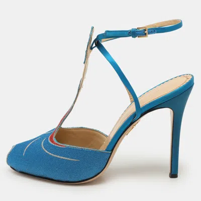 Pre-owned Charlotte Olympia Blue Metallic Lurex Fabric Ankle Strap Sandals Size 40
