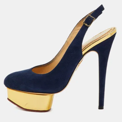 Pre-owned Charlotte Olympia Blue Suede Dolly Slingback Platform Pumps Size 36.5