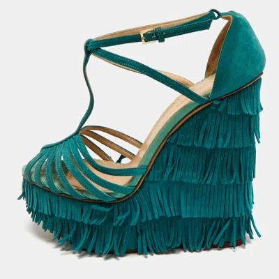Pre-owned Charlotte Olympia Blue Suede Winona Fringe Wedge Sandals Size 39