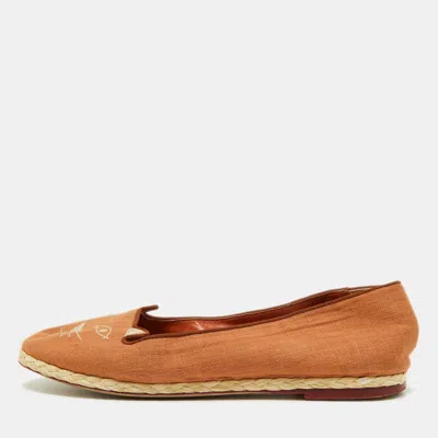 Pre-owned Charlotte Olympia Brown Canvas Espadrilles Flats Size 37