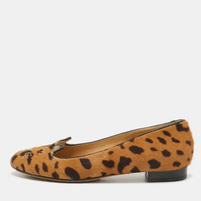 Pre-owned Charlotte Olympia Brown Leopard Print Calf Hair Cat Ballet Flats Size 38