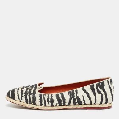 Pre-owned Charlotte Olympia Capri Cats Size 40 White/black Canvas Ballet Flats