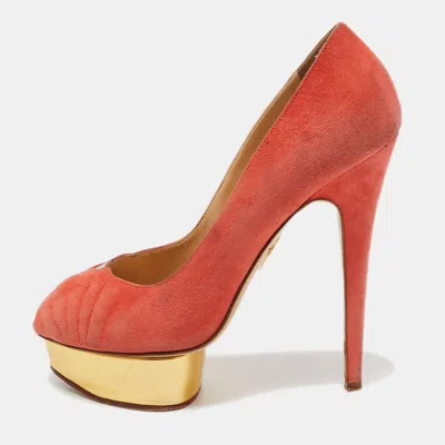 Charlotte Olympia Coral Pink Suede Peep Toe Platform Pumps In Red