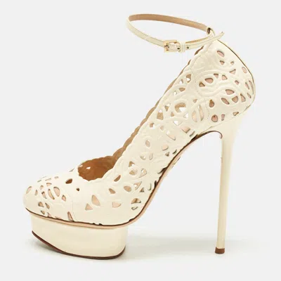 Charlotte Olympia Cream Cut Out Leather Scribble Dolores Ankle Strap Platform Pumps In White