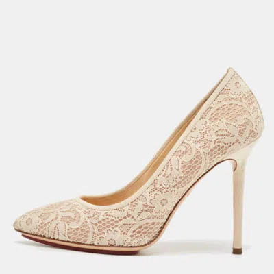 Pre-owned Charlotte Olympia Cream Lace And Satin Monroe Pointed Toe Pumps Size 39
