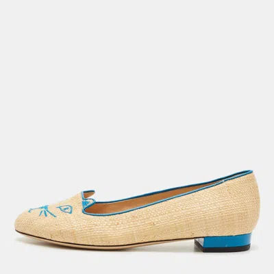 Pre-owned Charlotte Olympia Cream/blue Raffia Kitty Ballet Flats Size 38 In White