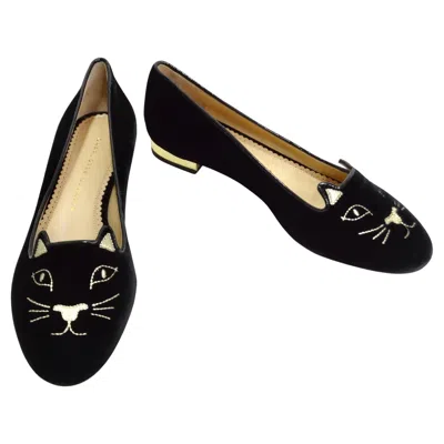 Pre-owned Charlotte Olympia Designer Signed Kitty Embroidered Flats In Black