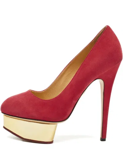 Pre-owned Charlotte Olympia Dolly Platform-heel Suede Pumps In Red