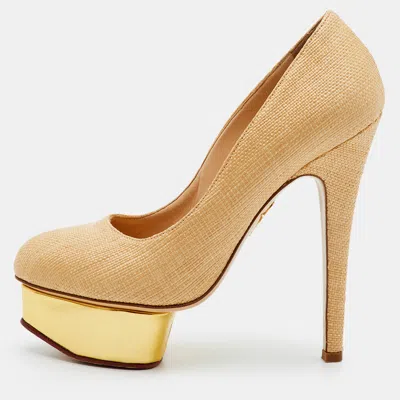 Pre-owned Charlotte Olympia Dolly Size 36.5 Beige/gold Woven Raffia And Leather Platform Pumps In Sand