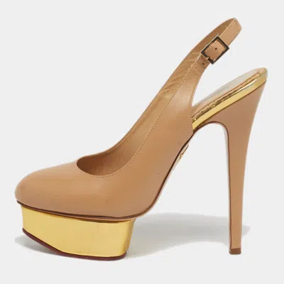 Charlotte Olympia Dolly Size 37 Beige Leather Platform Slingback Pumps In Brown