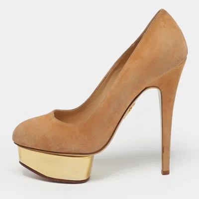 Charlotte Olympia Dolly Size 37.5 Beige Suede Platform Pumps In Brown