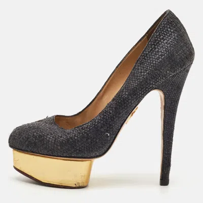 Pre-owned Charlotte Olympia Dolly Size 37.5 Dark Grey Raffia Platform Pumps In Gray
