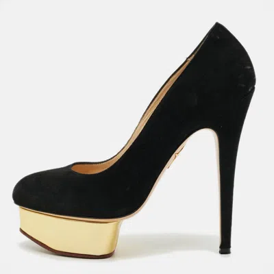 Pre-owned Charlotte Olympia Dolly Size 38 Black Suede Platform Pumps