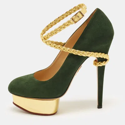 Pre-owned Charlotte Olympia Dolly Size 38.5 Green Suede Platform Pumps