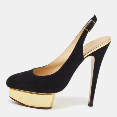 Pre-owned Charlotte Olympia Dolly Size 39 Black Suede Platform Slingback Pumps