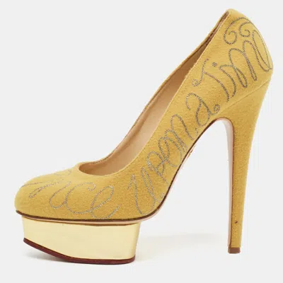 Pre-owned Charlotte Olympia Dolly Size 39 Yellow Cotton Platform Pumps