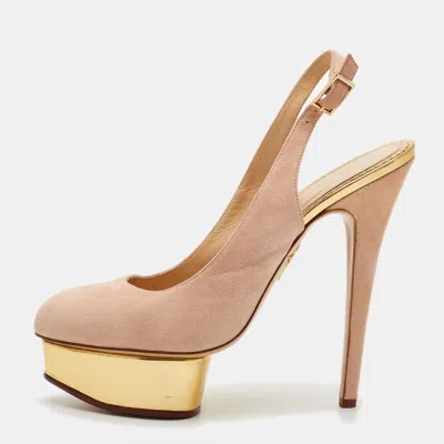 Pre-owned Charlotte Olympia Dolly Size 39.5 Beige Suede Slingback Platform Pumps In Sand