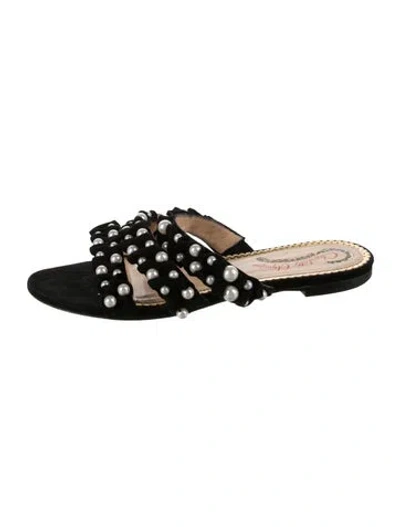 Pre-owned Charlotte Olympia Faux Pearl Accents Suede Slides In Black