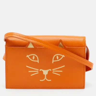 Charlotte Olympia Feline Orange Leather Flap Shoulder Bag