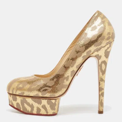 Pre-owned Charlotte Olympia Gold/grey Leather Dolly Platform Pumps Size 37.5